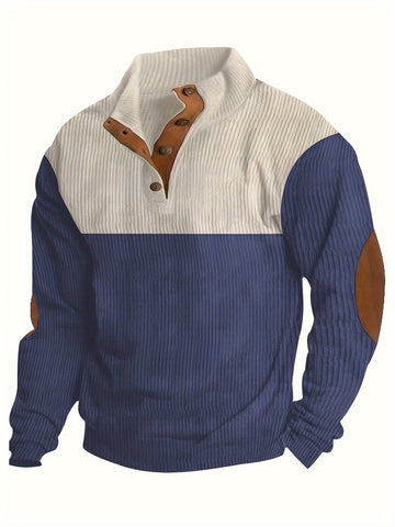 Long Sleeve Color Block Corduroy Sweater - Men's Casual Knitted Outerwear for Autumn and Winter - Stand Collar